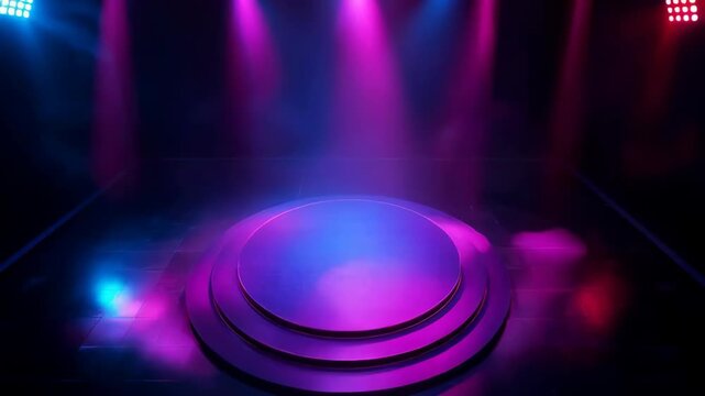 Circular Stage Platform Illuminated By Pink And Blue Spotlights On A Dark Stage With Smoke Effects