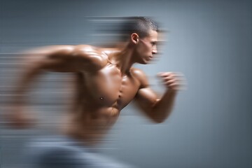 Blurred Motion Of Shirtless Runner In Action. Muscular Man Sprinting Indoors For Fitness, Speed, Strength And Athletic Performance Visuals