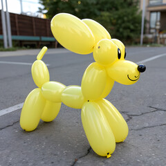 Twisted balloon figure of a dog in yellow color on the pavement