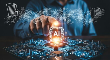 A man interacting with a digital AI chip on a circuit board.