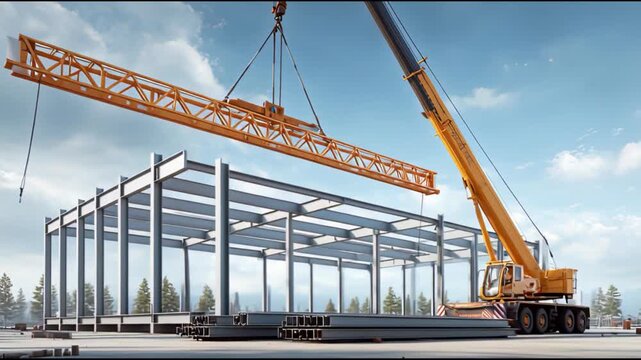 Construction of a large industrial steel building structure with a crane lifting a steel beam into place on a clear day with scattered clouds