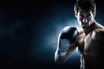 Boxer With Black Gloves In Low-Key Lighting. Fit Young Male Athlete Ready For Fight. Dark Mood Perfect For Promotions And Sports Concepts