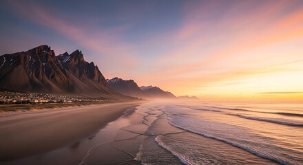 Beach landscape with mountains and sunrise