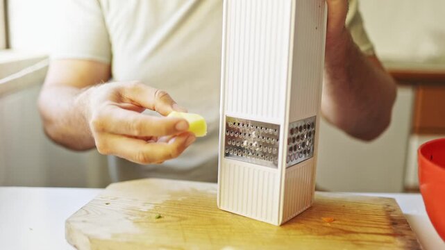 Chef grating potatoes in the kitchen