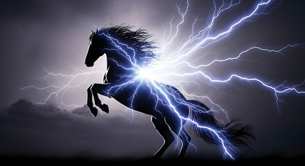 A majestic horse rearing up with a dramatic lightning storm in the background creating a powerful and dynamic scene of nature and animal strength