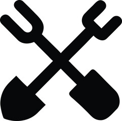 Crossed black garden tools create a simple agricultural icon on a white background