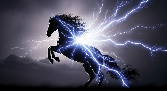 A majestic horse rearing up with a dramatic lightning storm in the background creating a powerful and dynamic scene of nature and animal strength