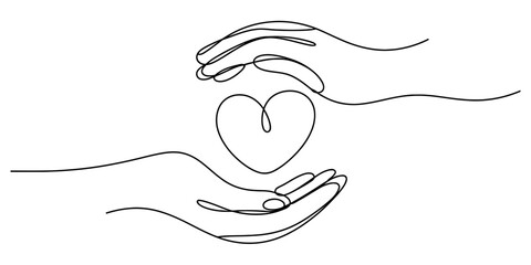 Continuous line art drawing of two human hands cupping a heart symbol, representing love, care, support, and connection in relationships.