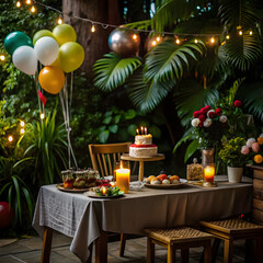 Birthday celebration table in backyard with decorations and festive atmosphere