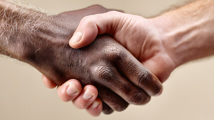 Fototapeta premium Two diverse hands shaking in a gesture of unity and collaboration.