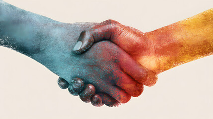 Fototapeta premium A close-up of two diverse hands shaking, symbolizing unity and collaboration across different backgrounds.