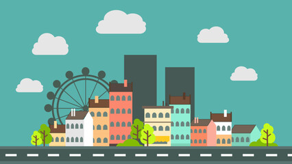 Flat design illustration of a cityscape with buildings, trees, and a Ferris wheel under a cloudy sky