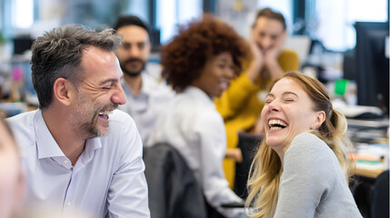 A joyful interaction between a middle-aged Caucasian man and a young Caucasian woman during a team meeting in an office setting.