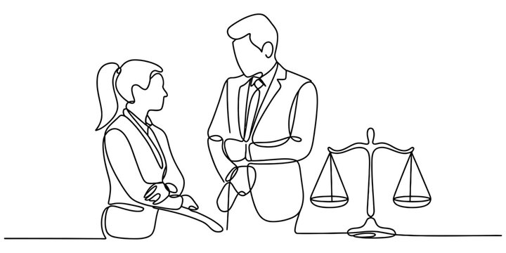 Attorney and client in a professional legal consultation, rendered in a minimalist continuous line art style with a scale of justice.