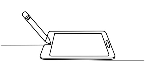 Continuous line art illustration depicting a modern digital tablet device with a stylus pen interacting with its screen, symbolizing technology and creativity.