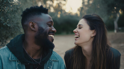 A joyful moment between a Black man and a Caucasian woman, sharing laughter outdoors in a natural setting.