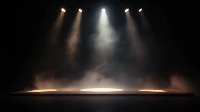Dark Stage With Dramatic Spotlight And Smoke Effects illuminated by warm and cool lights creating an atmospheric performance space