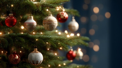Christmas tree decorated with ornaments, glowing lights on blurred background 