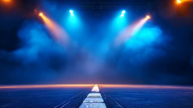 Dark Stage With Orange and Blue Spotlights Shining Through Smoke and Fog
