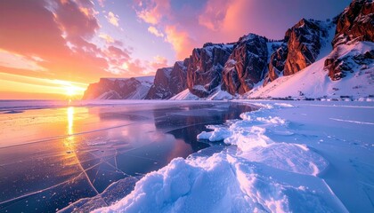 Fototapeta premium A stunning sunset casts a warm glow over a vast, frozen lake, reflecting the colorful sky and dramatic snow-capped mountains.