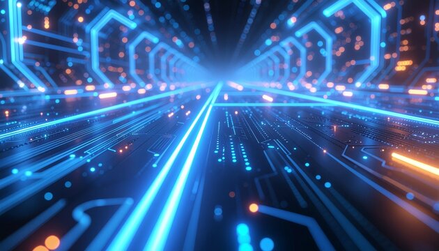 Vast Digital Highway with Glowing Blue Lines Leading into the Future
