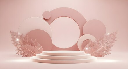 Elegant pastel pink stage with decorative elements and podium for product display