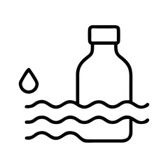 Simple line art icon of a bottle floating in wavy water with a droplet