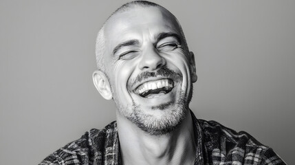 A joyful Caucasian man laughing heartily against a neutral backdrop.