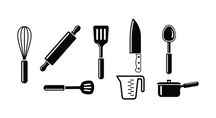Kitchen utensils cooking tools black and white vector graphic