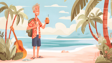 A cheerful man enjoying a tropical beach scene, holding a drink with palm trees around him.