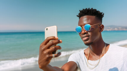 A young Black man taking a selfie by the beach, wearing sunglasses and a casual t-shirt, enjoying a sunny day.