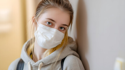 A young Caucasian woman wearing a face mask, leaning against a wall, showcasing her striking blue eyes.