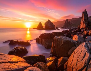 Spectacular sunrise painting the rocky coast with vibrant colors in landscape