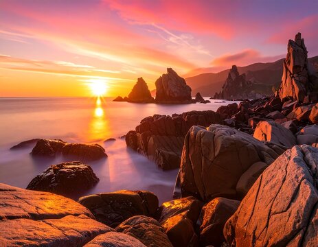 Spectacular sunrise painting the rocky coast with vibrant colors in landscape