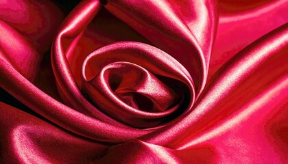 A close-up view of rich, fuchsia pink satin fabric elegantly draped and swirled, creating a soft, abstract rose shape with shimmering highlights.