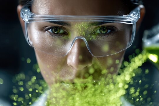 Close-Up Of Female Scientist Wearing Safety Goggles With Green Chemical Splash. Science, Research, Innovation, Chemistry Visuals For Technology Or Education - Powered by Adobe