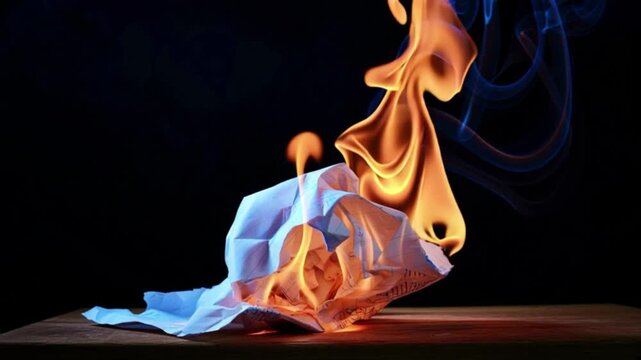 Crumpled paper sheet slowly burning with rising bright flames on dark dramatic background symbolizing destruction failure letting go transformation emotional stress release creative frustration concep