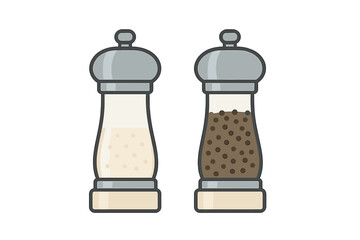 Transparent salt and pepper grinders filled with white salt and black peppercorns