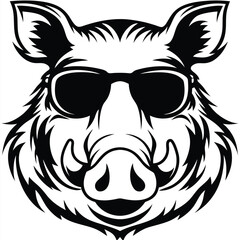 Fototapeta premium A wild hog wears cool sunglasses, its is presented in black and white