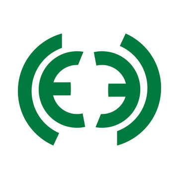 A modern, abstract logo design featuring two mirrored "E" shapes within stylized brackets, rendered in a vibrant green against a clean white background