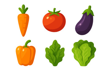 Fresh organic vegetables set: carrot, tomato, eggplant, bell pepper, spinach, lettuce