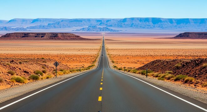 Straight road through desert landscape with distant mountains - Powered by Adobe