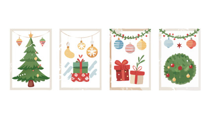 Fototapeta premium Watercolor christmas card set with christmas tree gifts and ornaments holiday season decoration ideas