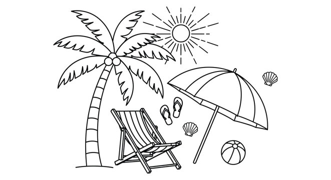 Beach scene coloring page summer vacation relax time outline
