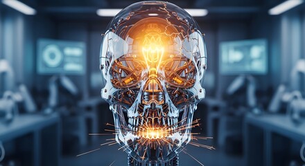 Futuristic digital skull with a glowing light bulb inside, representing innovation and technology in a high-tech laboratory setting
