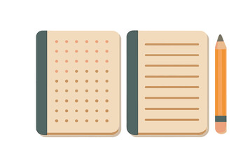 Two open notebooks, one dotted grid and one ruled lines, next to a wooden pencil