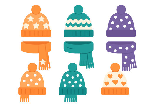 Colorful knitted winter hats and scarves set featuring stars polka dots and heart patterns