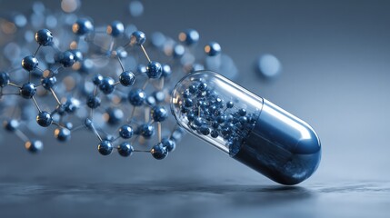 A close-up of a blue, transparent capsule, with molecular structures and air bubbles in the background.