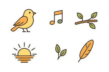 Outline icons set featuring bird musical note feather leaf and sunrise symbols