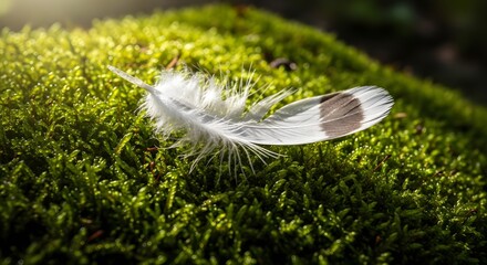 Close-up of a delicate white feather resting on vibrant green moss in natural sunlight, highlighting the intricate details and textures of both the feather and moss